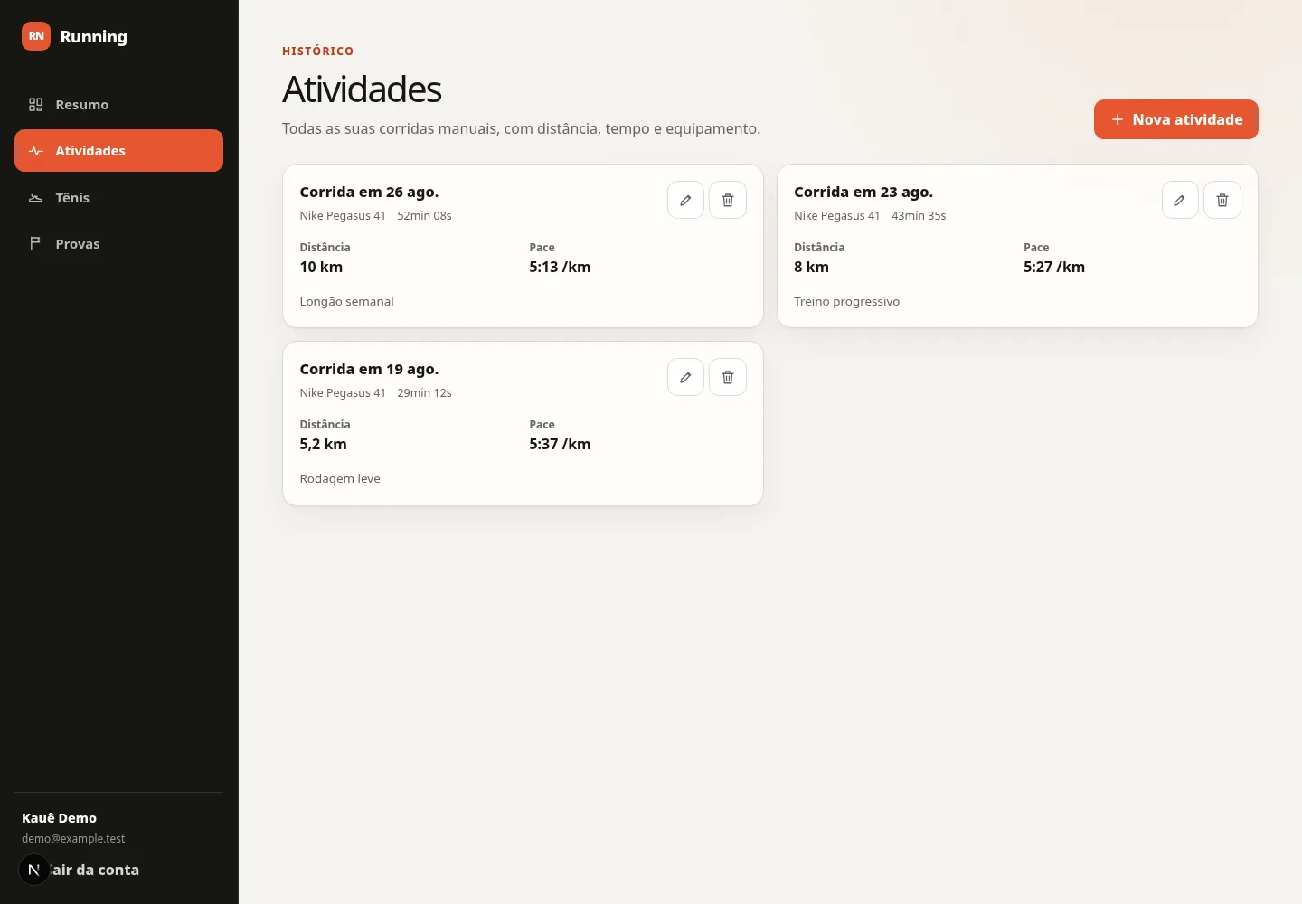Running Analytics activity history with distance, duration, pace, and notes